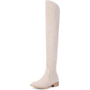 Women's Beige Over The Knee Boots Thigh High Low Block Heel Pointed Toe Boots
